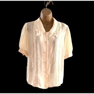 Vtg LA Blouse Button Shirt Sz 6P Embroidered Butter Yellow Cottage Office Career